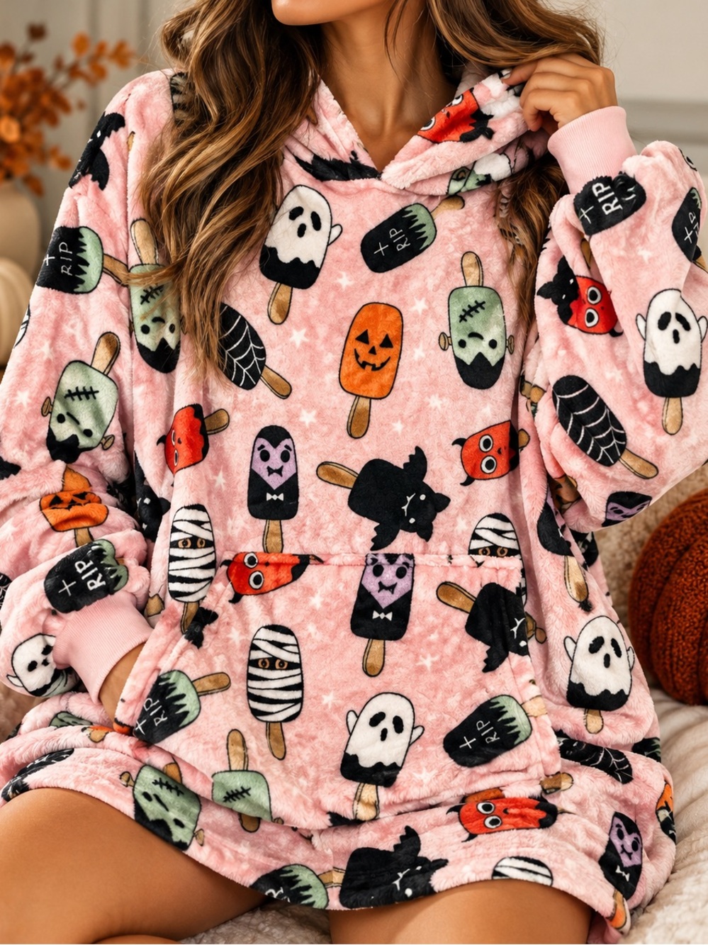 One Size | Throwzy Juniors | Pink Halloween Hooded Wearable Blanket Poncho
